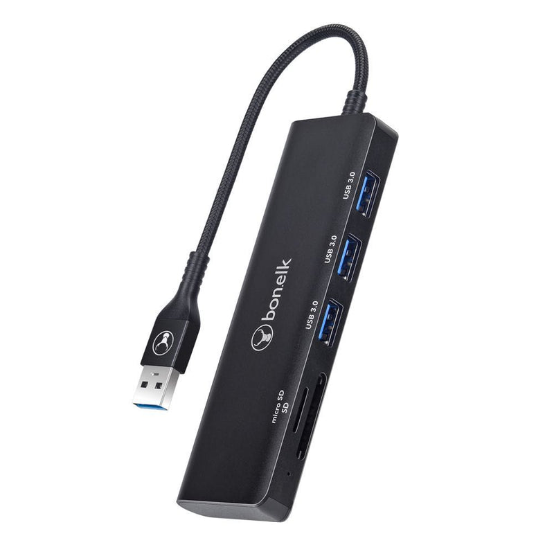 Bonelk Long-Life USB-A to 3 Port USB 3.0 + SD/Micro SD Reader Black