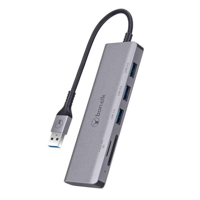 Bonelk Long-Life USB-A to 3 Port USB 3.0 + SD/Micro SD Reader Space Grey