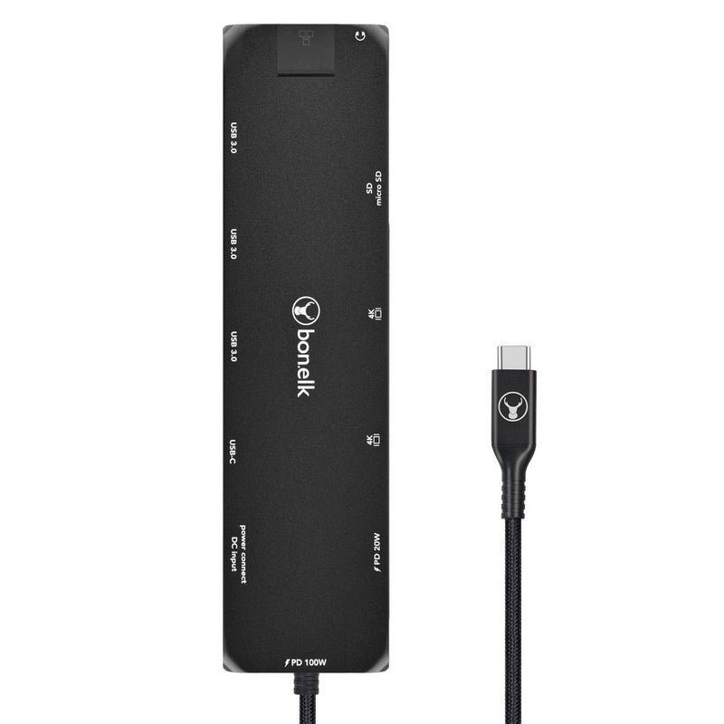 Bonelk Long-Life USB-C to 12-in-1 Multiport Powered Hub - Black