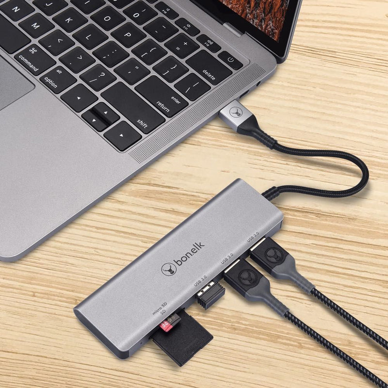 Bonelk Long-Life USB-A to 3 Port USB 3.0 + SD/Micro SD Reader Space Grey